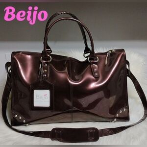 Beijo Glossy Deep Brown Patent Travel Tote with Luggage Tag